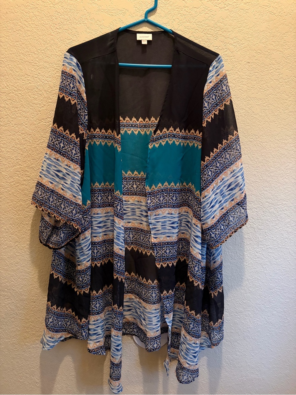 Avenue Teal, Navy and Light Blue Printed Swim Cover-Up Kimono